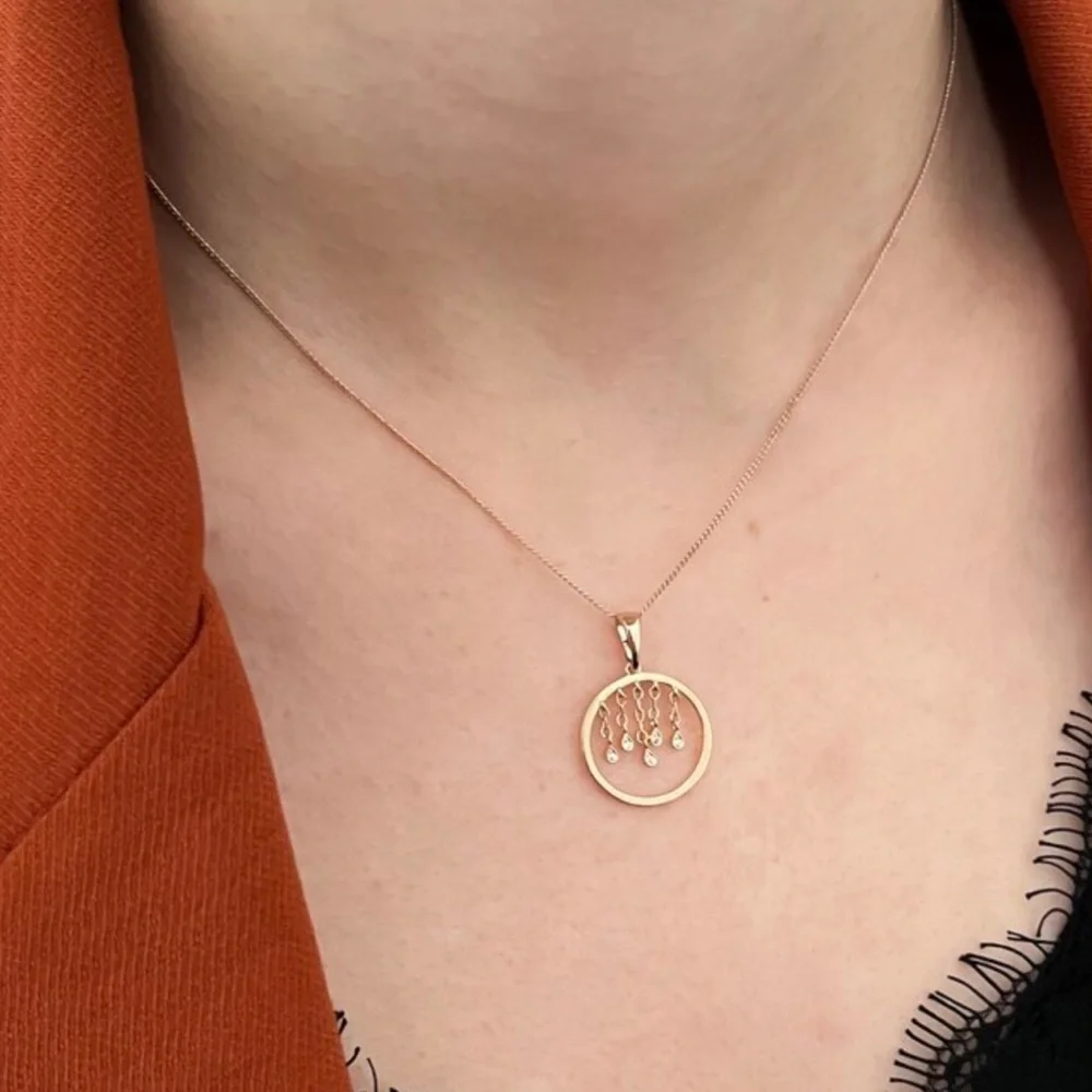Circle Dangle Real Zircon Drop Necklace 18k Gold Plated